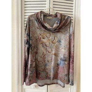 One World Size XL Champagne Festive Print Cowl Neck Tunic Sweater Gray Pockets